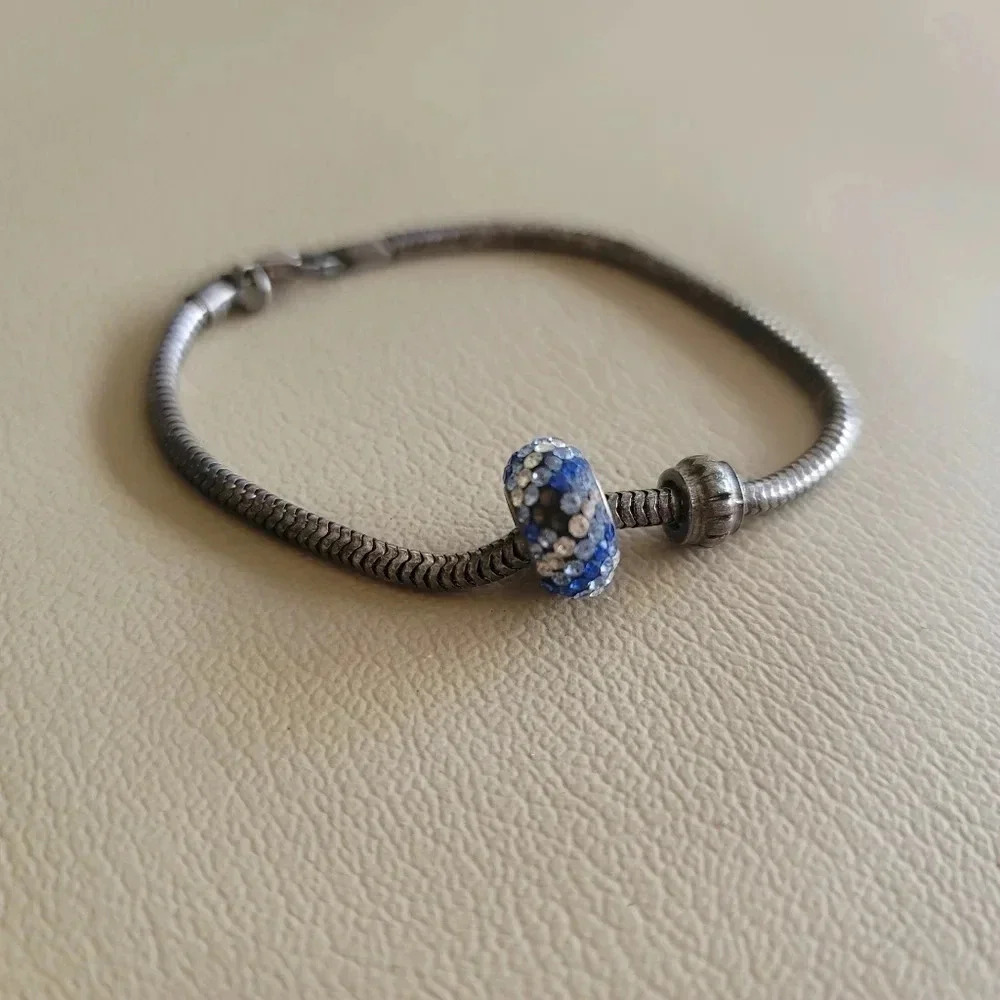 Beautiful JCM Brass Silver Color Blue clear Stones Charm slider Bracelet 7.5"